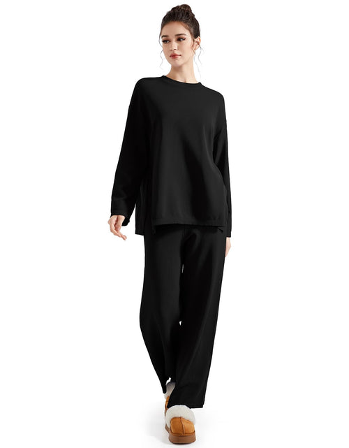 Load image into Gallery viewer, SUUKSESS Women Lounge 2PC Pajama Set Long Sleeve Top Wide Leg Pants Black M
