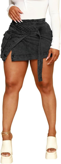 Load image into Gallery viewer, HTD Women's Sexy Mini Denim Skirt Irregular Pockets Dark Grey Size XXL
