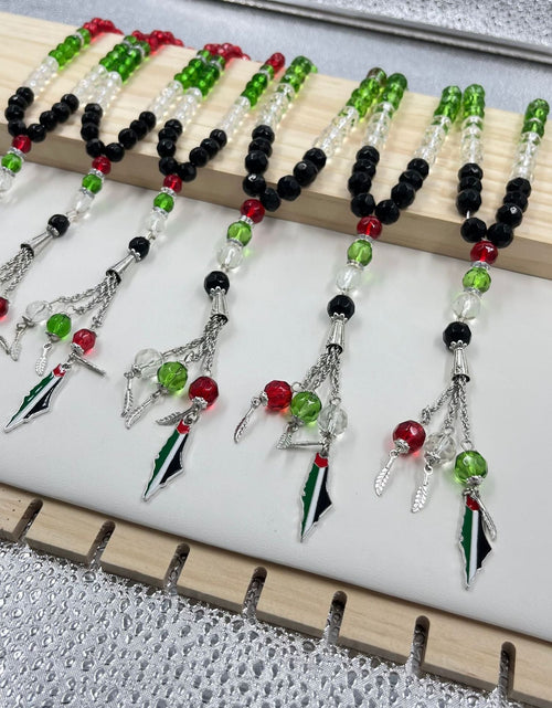 Load image into Gallery viewer, 33 prayer beads in Palestinian flag colored crystal glass
