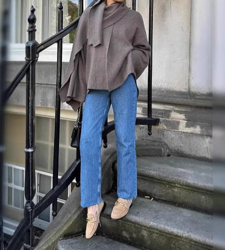 Asymmetric shawl scarf knitted sweater gray long sleeved cardigan
