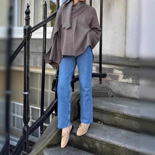Load image into Gallery viewer, Asymmetric shawl scarf knitted sweater gray long sleeved cardigan
