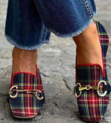Women's Plaid Square Toe Flats – Buckle Casual Shoes in Red & Blue