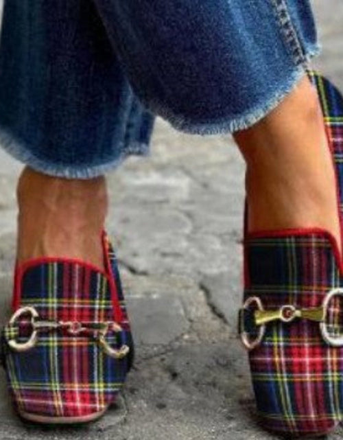 Load image into Gallery viewer, Women's Plaid Square Toe Flats – Buckle Casual Shoes in Red &amp; Blue

