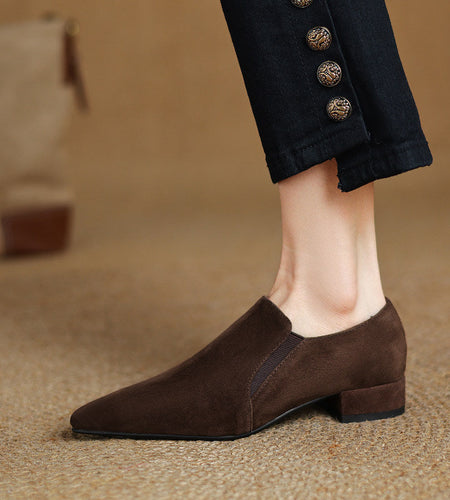 Women's Suede Pointed Toe Chunky Heel Pumps – Deep Vamp Low Heel