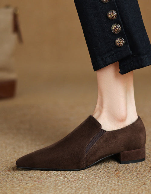 Load image into Gallery viewer, Women's Suede Pointed Toe Chunky Heel Pumps – Deep Vamp Low Heel
