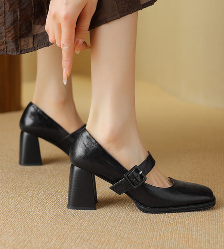 Women's Sheepskin Mary Jane Heels – Square Toe Chunky Heel Buckle Pumps