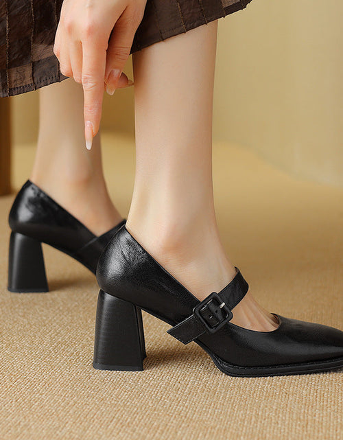 Load image into Gallery viewer, Women's Sheepskin Mary Jane Heels – Square Toe Chunky Heel Buckle Pumps
