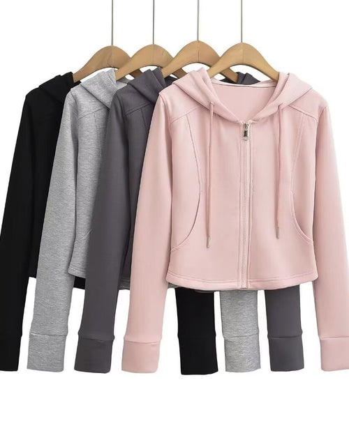 Load image into Gallery viewer, Drawstring hooded zipper long sleeved slim fit hoodie
