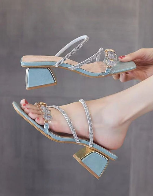 Load image into Gallery viewer, Women's Korean Style Rhinestone Single Strap Slide Sandals – Mid Chunky Heel
