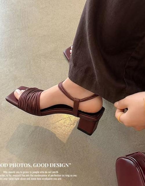 Load image into Gallery viewer, Women's Square-Toe Block Heel Sandals – Multi-Strap Ankle Wrap Mid-Heel Shoes with Pigskin Lining
