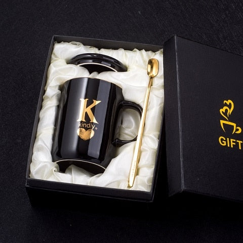 Load image into Gallery viewer, 400ml Creative Gold Finger Printing Black Ceramic Coffee Mug Tea Cup With Gold Handle As Gift With Lid And Spoon
