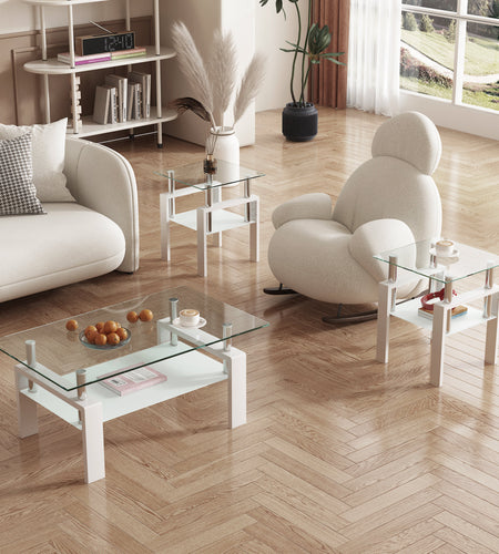 Set of 2, Modern Tempered Glass Tea Table Coffee Table End Table, Square Table for Living Room, Transparent/White