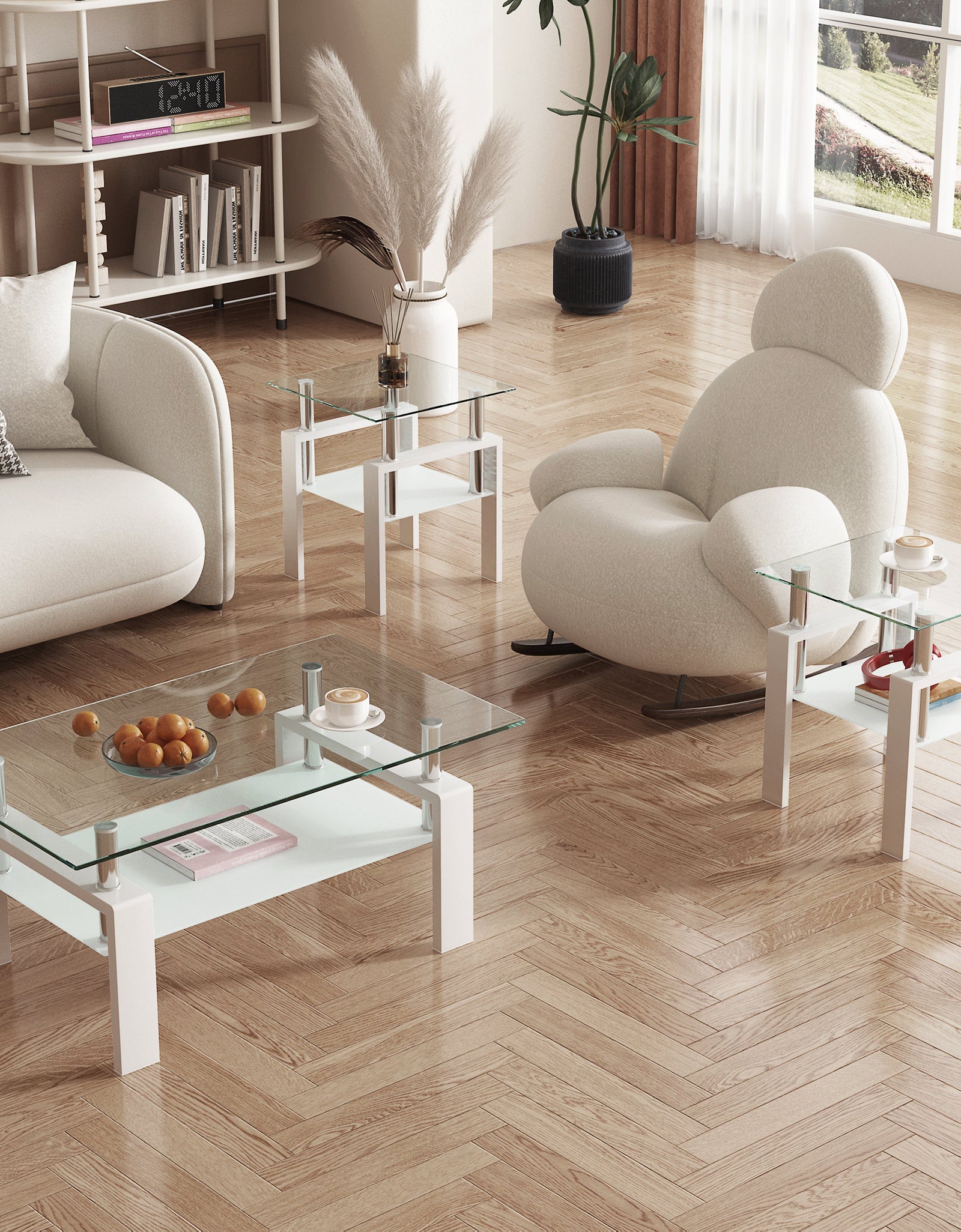Set of 2, Modern Tempered Glass Tea Table Coffee Table End Table, Square Table for Living Room, Transparent/White