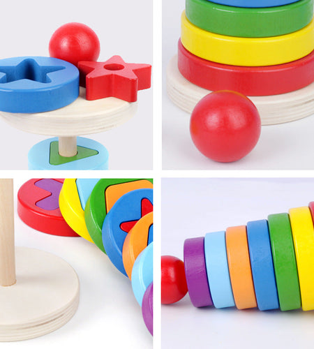 Wooden geometric circular stacking building blocks children's early education puzzle rainbow tower assembly Christmas toy gift