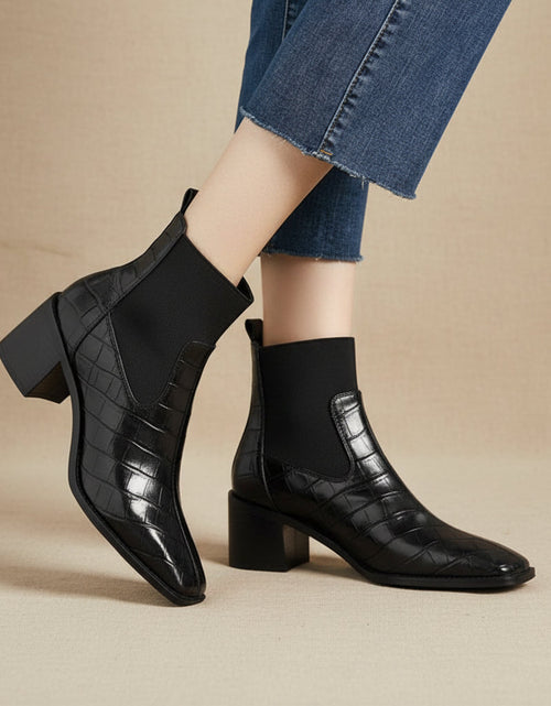 Load image into Gallery viewer, Women's Cowhide Square Toe Chunky Heel Pumps – Vintage Minimalist High Heels

