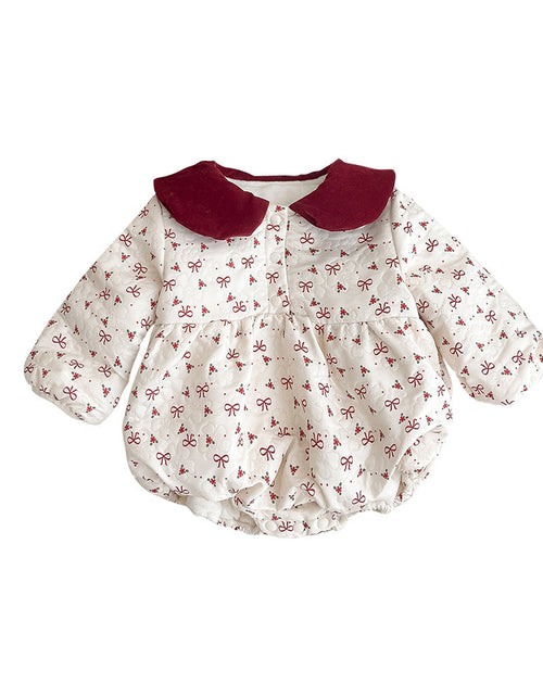 Load image into Gallery viewer, Autumn style baby gown newborn bow and velvet wrapped fart gown hundred day one month one year old baby dress
