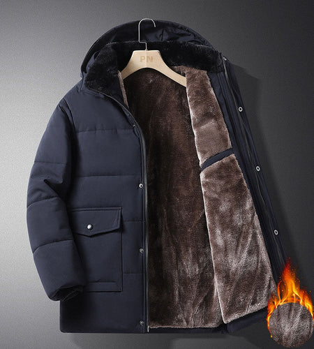 Coat men's winter new style with added velvet and thickened warm cotton clothing, business and leisure mid length hooded plus size men's cotton clothing