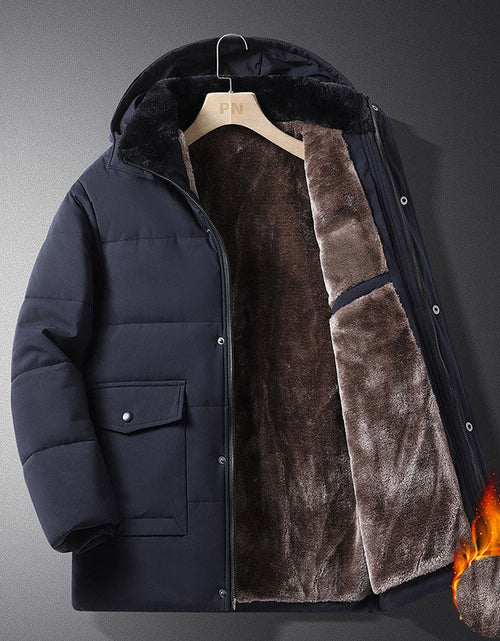 Load image into Gallery viewer, Coat men's winter new style with added velvet and thickened warm cotton clothing, business and leisure mid length hooded plus size men's cotton clothing
