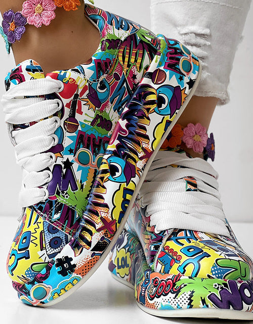 Load image into Gallery viewer, Round-Toe Thick-Sole Lace-Up Sneakers — Women’s Casual Print Shoes
