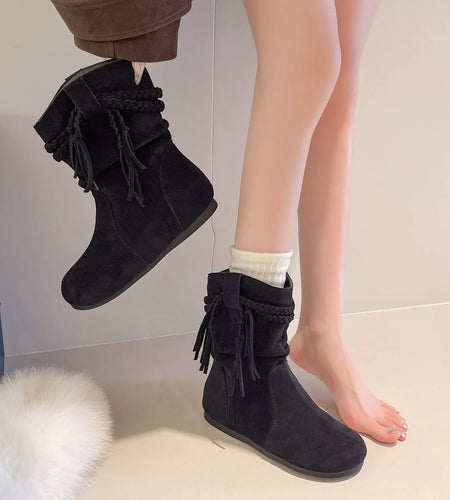 Suede Fringe Round Toe Boots with Block Heel