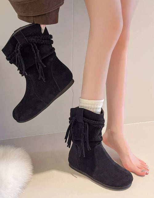 Load image into Gallery viewer, Suede Fringe Round Toe Boots with Block Heel
