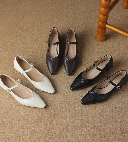 Women's Pointed Toe Low Square Heel Buckle Flats – Floral Detail Dress Shoes