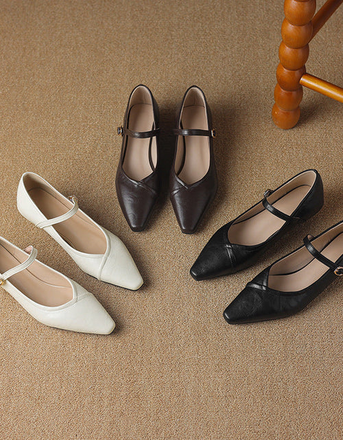 Load image into Gallery viewer, Women's Pointed Toe Low Square Heel Buckle Flats – Floral Detail Dress Shoes
