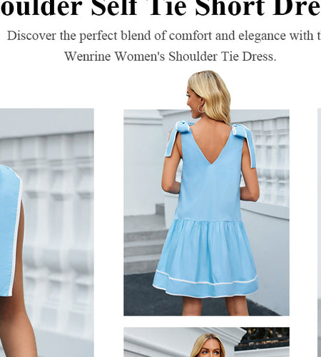 Wenrine Womens Summer VNeck Mini Dress Tie Shoulder Sleeveless Light Blue Size M