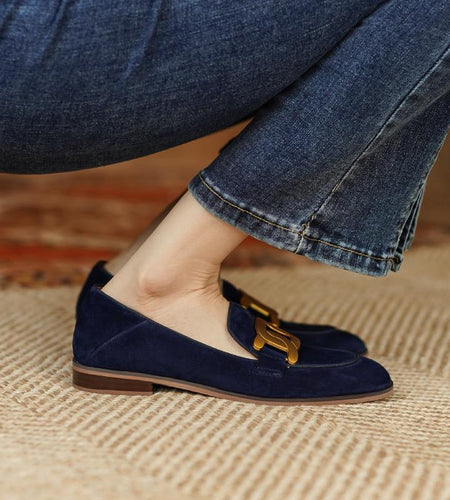 Women's Retro Metal Buckle Suede Loafers – Platform Chunky Heel Slip-On