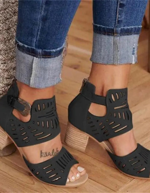 Load image into Gallery viewer, Cutout Floral Chunky Heels Women's Sandals
