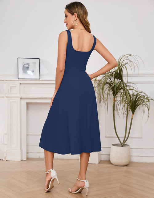 Load image into Gallery viewer, Gardenwed Womens Square Neck Midi Dress Sleeveless Slit Cocktail Navy M
