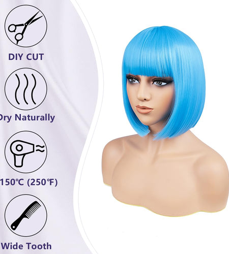 BATISI 12in Short Straight Bob Wig Neon Blue Synthetic Flat Bangs