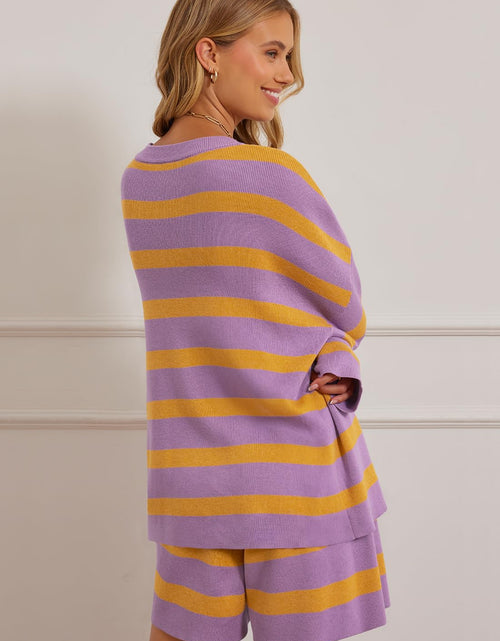 Load image into Gallery viewer, MEROKEETY Women's 2 Piece Sweater Set Striped Long Sleeve Shorts Purple Size S
