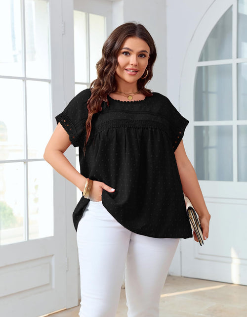 Load image into Gallery viewer, SHESTARR Women's Plus Size Crewneck Lace Crochet Short Sleeve Top Black XL Plus
