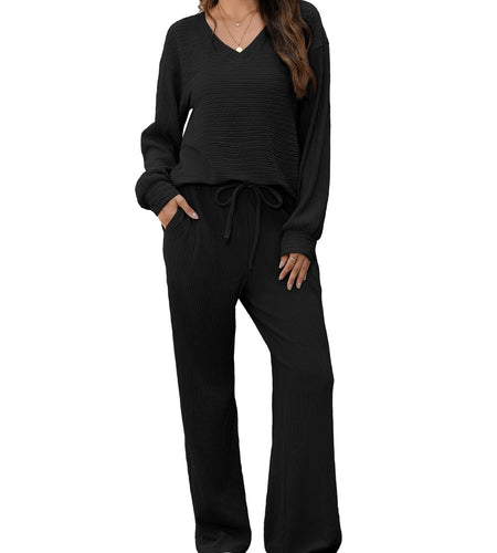 Amoretu Women's Lounge Set V Neck Top Wide Leg Drawstring Pants Black Size L