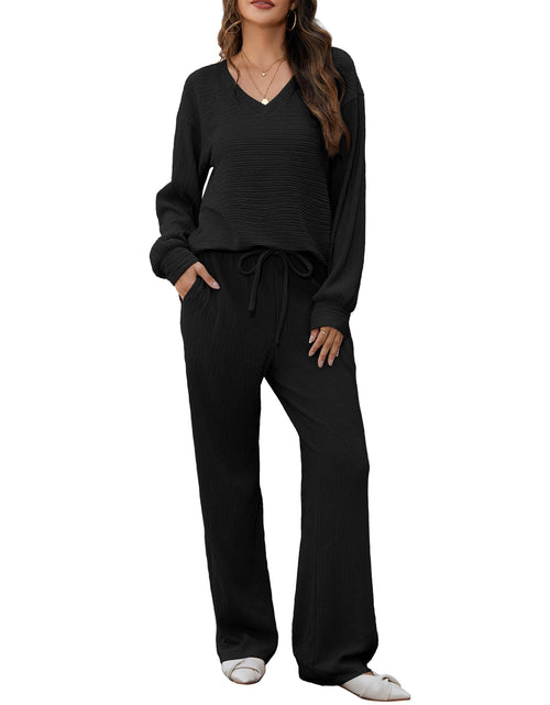 Load image into Gallery viewer, Amoretu Women's Lounge Set V Neck Top Wide Leg Drawstring Pants Black Size L
