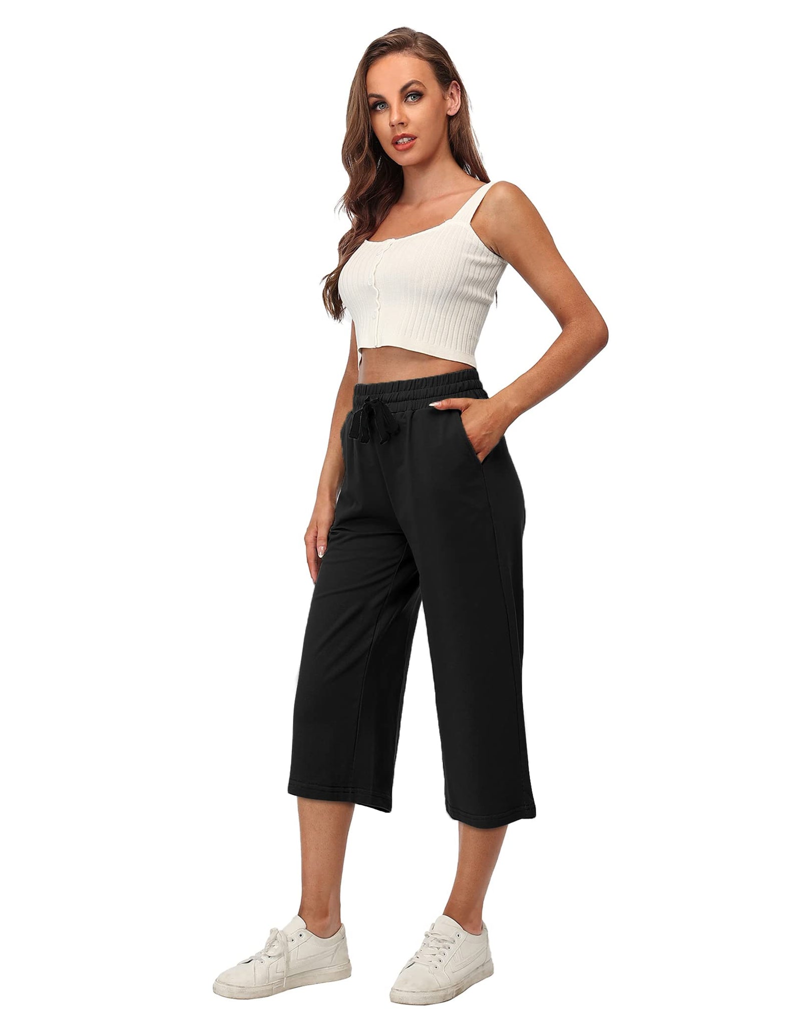 RESHE Womens Capri Pants Wide Leg Drawstring Lounge Yoga Navy Size S