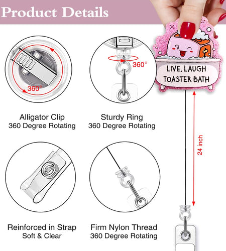 TOUNER Live Laugh Toaster Badge Reel Retractable Glitter ID Clip Funny Medical