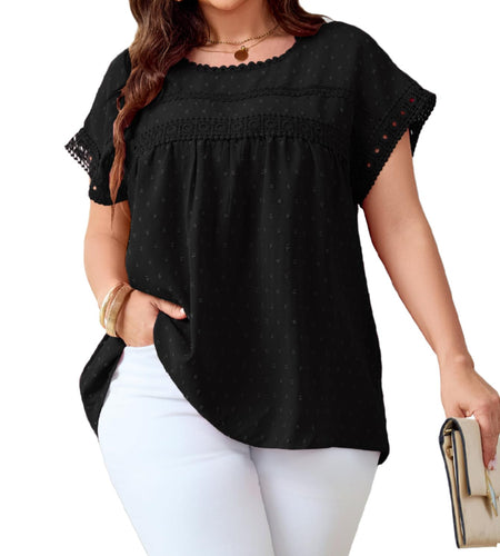 SHESTARR Women's Plus Size Crewneck Lace Crochet Short Sleeve Top Black XL Plus