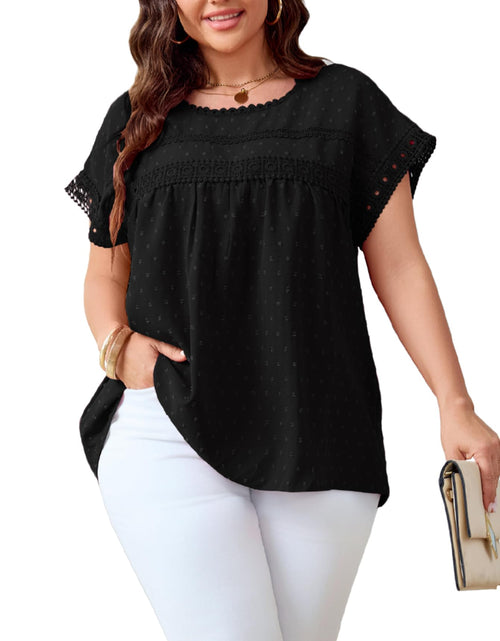 Load image into Gallery viewer, SHESTARR Women's Plus Size Crewneck Lace Crochet Short Sleeve Top Black XL Plus
