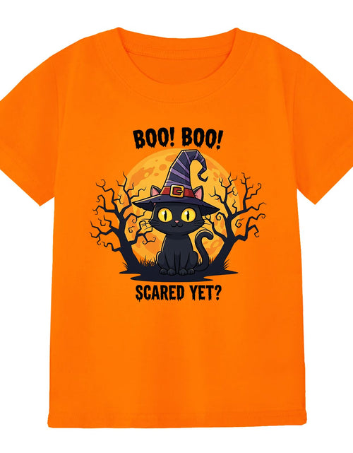 Load image into Gallery viewer, HELLO MEOW Halloween Boys T Shirt Orange Black Cat Size 4-5T
