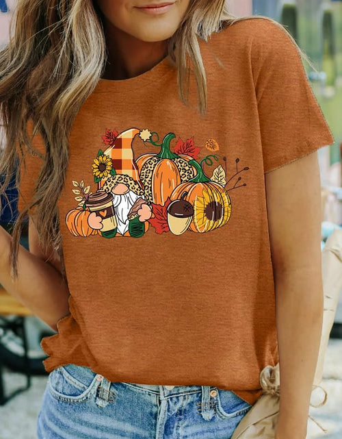 Load image into Gallery viewer, MAIHUN Womens Thanksgiving Shirt Cute Gnomes Pumpkin Fall Short Sleeve Size S
