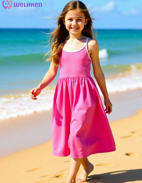 Load image into Gallery viewer, WELAKEN Summer Sundress Criss Cross Back Elastic Waist Pockets Hot Pink Size 8Y
