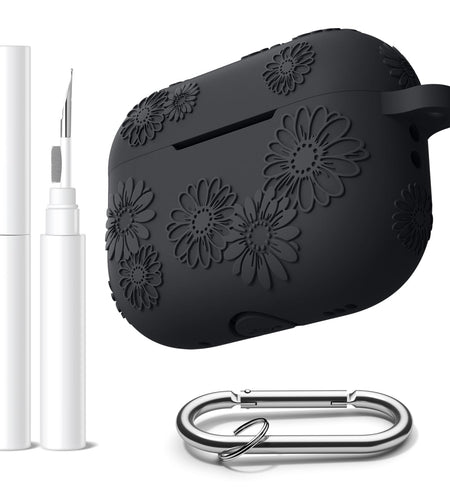 Adorve AirPods Pro 2 Silicone Case Flower Engraved Black Front LED Visible