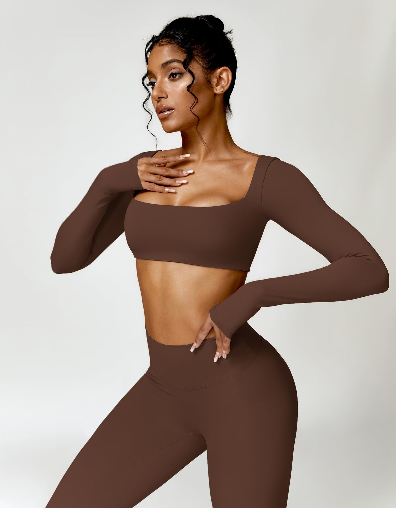 AGYMNX 2pc Workout Set Women Long Sleeve Crop Top High Waist Leggings Brown M