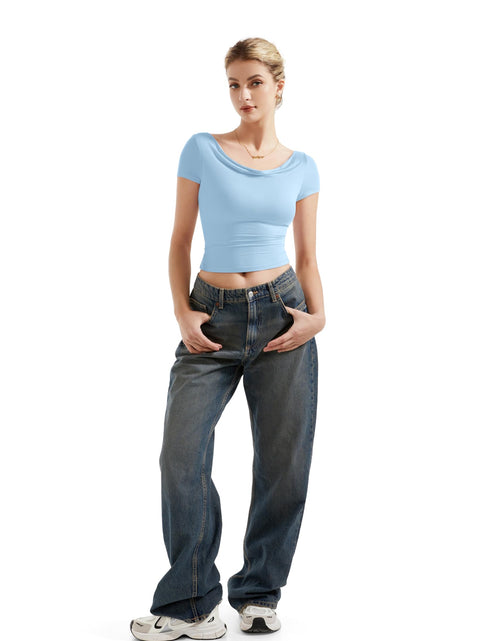 Load image into Gallery viewer, SUUKSESS Women Off Shoulder Cowl Neck Short Sleeve Top Light Blue Size M
