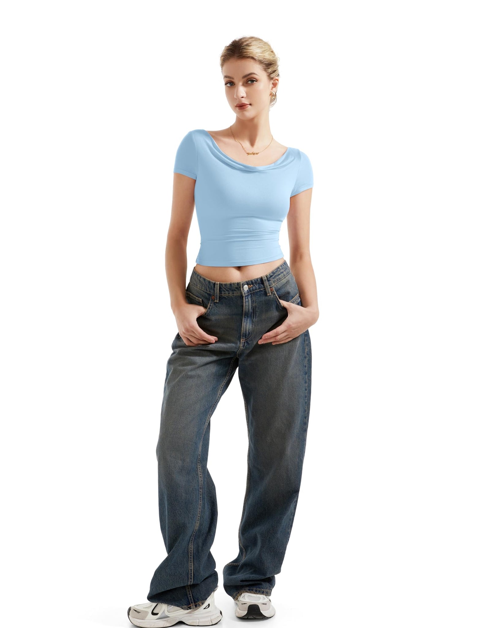 SUUKSESS Women Off Shoulder Cowl Neck Short Sleeve Top Light Blue Size M