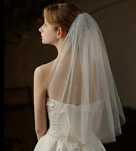 Cliory Pearl Veil Glitter Bride Wedding Short Veil White