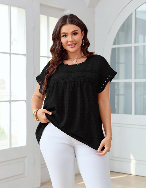 Load image into Gallery viewer, SHESTARR Women's Plus Size Crewneck Lace Crochet Short Sleeve Top Black XL Plus
