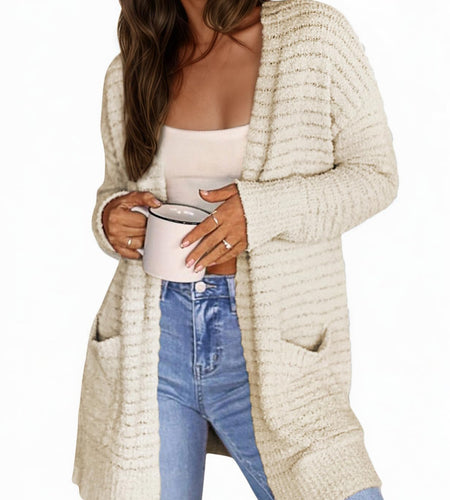 CiCiBird Women Long Fuzzy Knit Cardigan Sweater Open Front Beige Size XL